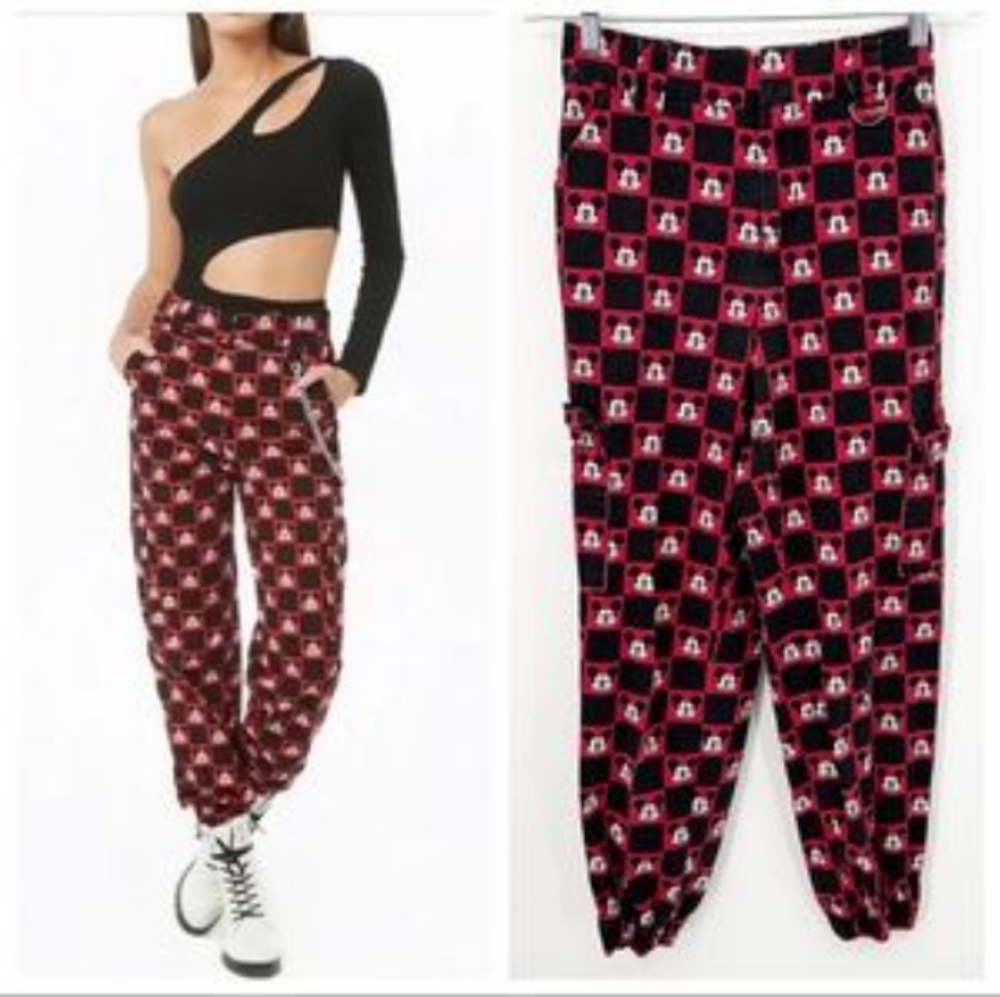 Disney Mickey Mouse Pants Womens Sz S Checkerboard Red Black Cargo Jogger Pants